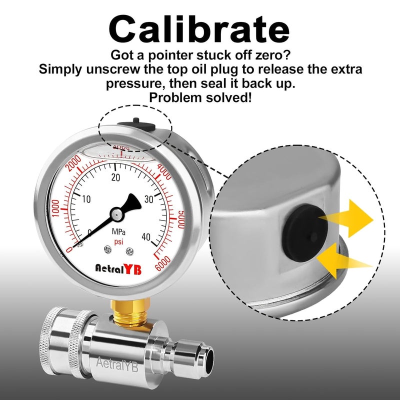 AetralYB 6000PSI Washer Pressure Gauge,3/8" Push-to-Connection Quick Connection,Stainless Steel Housing, Mpa and Psi Dual Scale, for Pressure Washer - Image 5